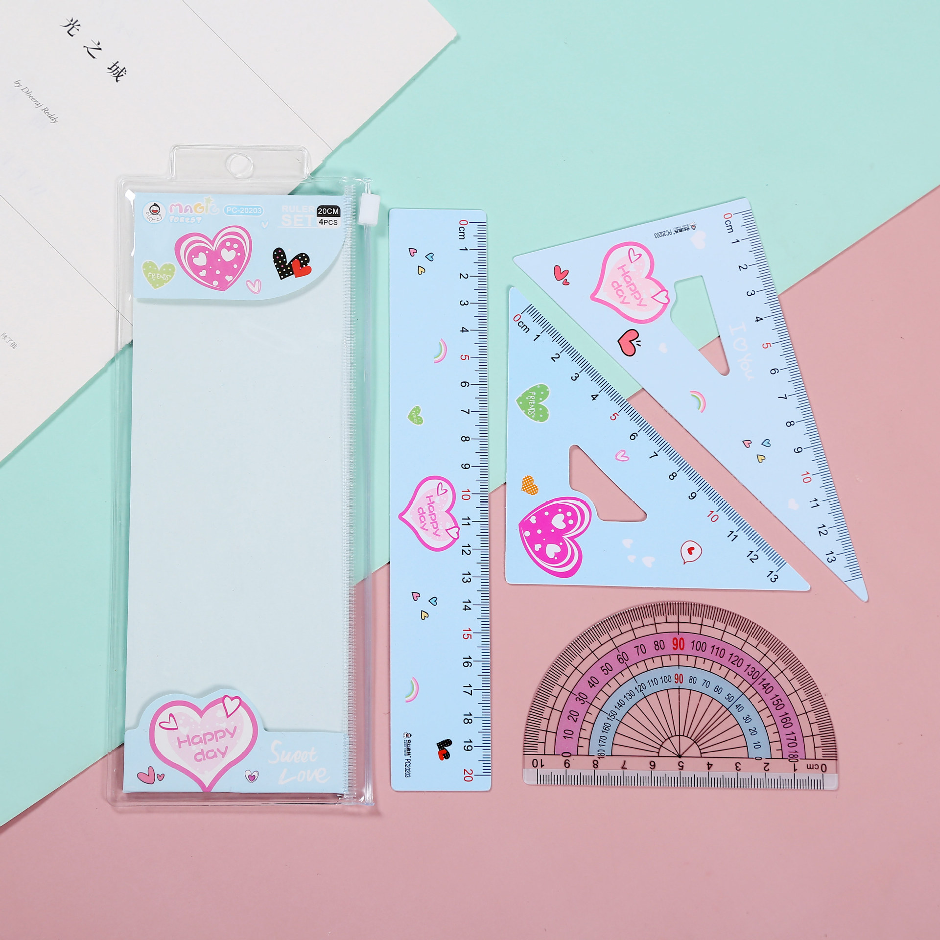Student ruler set Cartoon Heart 20cm straight ruler and protractor set 4-piece custom set pic 11