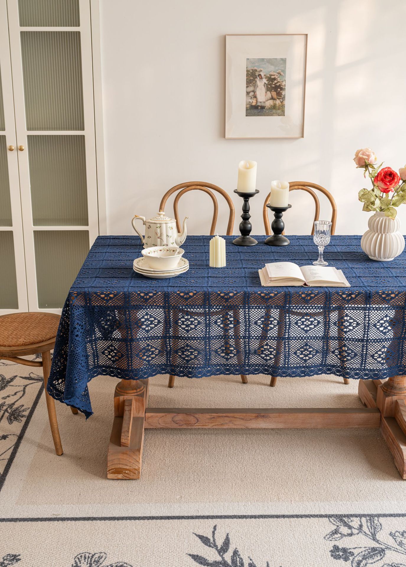 Cross-border hollowed-out hidden deep blue tablecloth, retro crochet photo art book, personalized cotton thread woven tablecloth cover pic 22