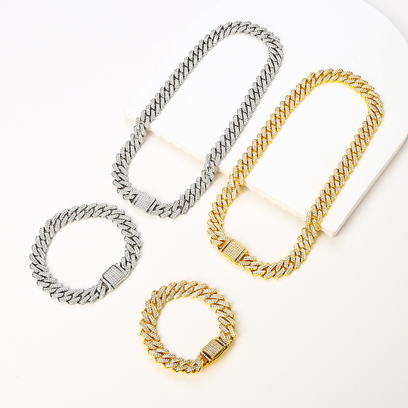 14MM欧美个性嘻哈菱形满钻翻盖扣头时尚嘻哈链条古巴手链项链详情5