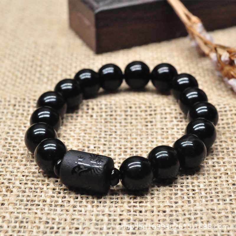 Wholesale imitation crystal obsidian single-loop bracelets, frosted dragon and phoenix bucket beads, couple bracelets for men and women, and Buddhist prayer beads pic 5