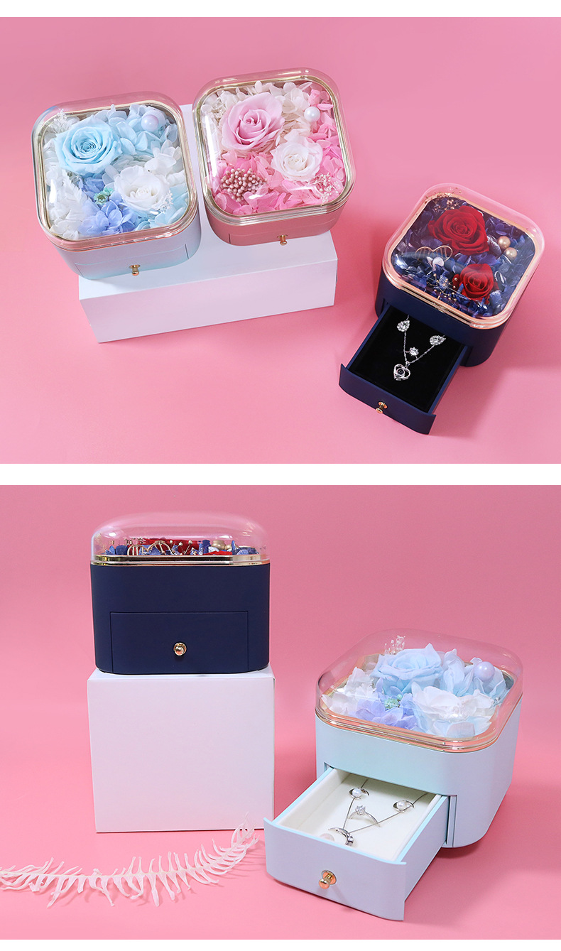 New round corner paint preserved flower gift box, rose real flower necklace, jewelry box, high-transparency acrylic rose pic 11