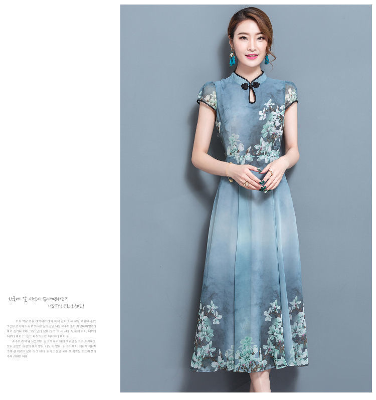 定制批发新款2021夏修身印花复古连衣裙立领显瘦仿冰丝长裙大摆裙详情6