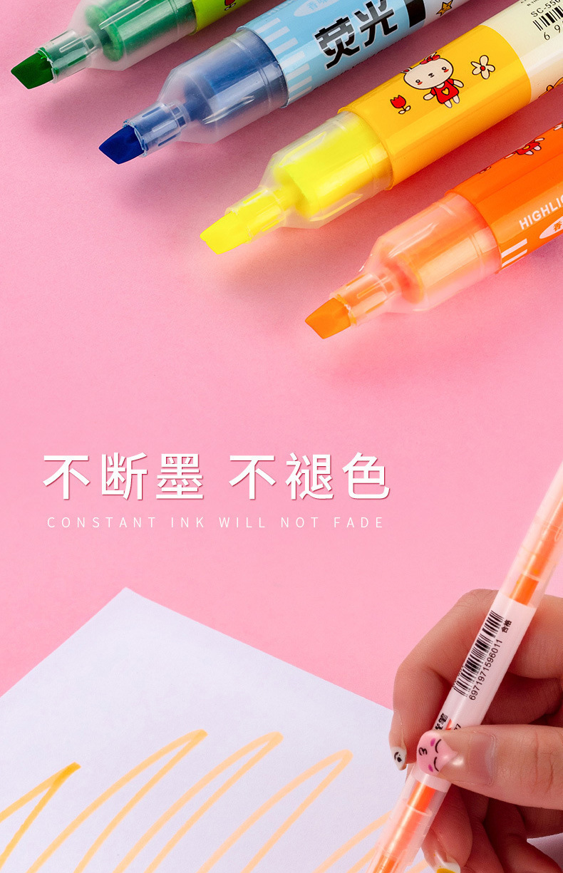 Grueso y fino doble cabeza highlighter hand book pen gran capacidad wholesale 6pcs set color candy stroke focus pen marcador pen pic 5