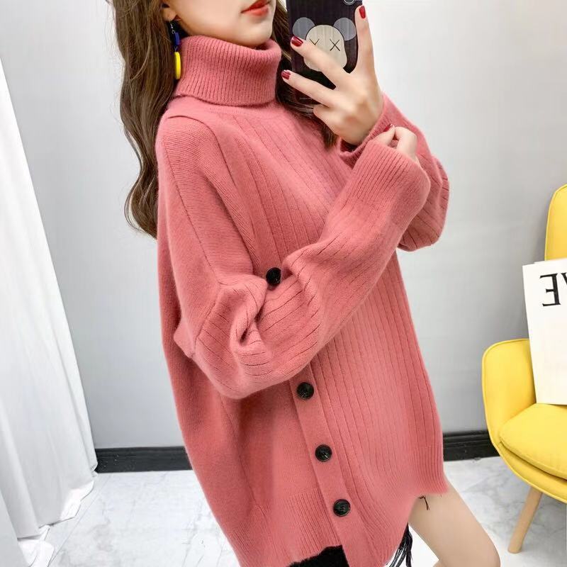 A new Korean style high-neck sweater for women in the autumn and winter of 2023, a loose and laid-back mid-length irregular knitted top pic 9