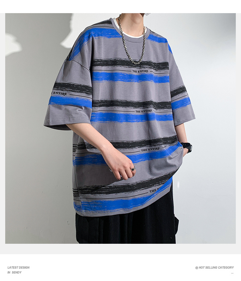 全棉条纹短袖T恤男2024港风青少年百搭宽松五分袖纯棉体恤衣服潮详情11