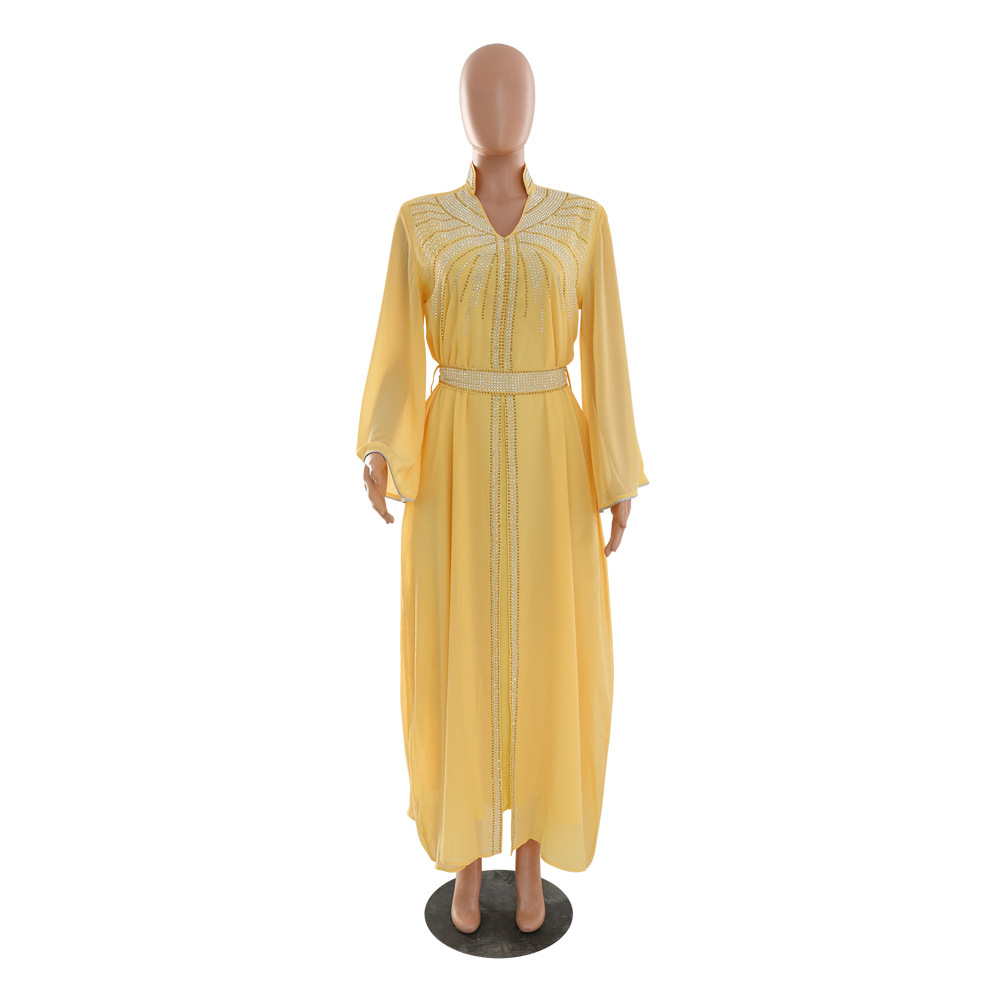 XQY500090 Foreign trade Arab robe, Middle East kaftan fashion Hot diamond belted chiffon dress pic 39