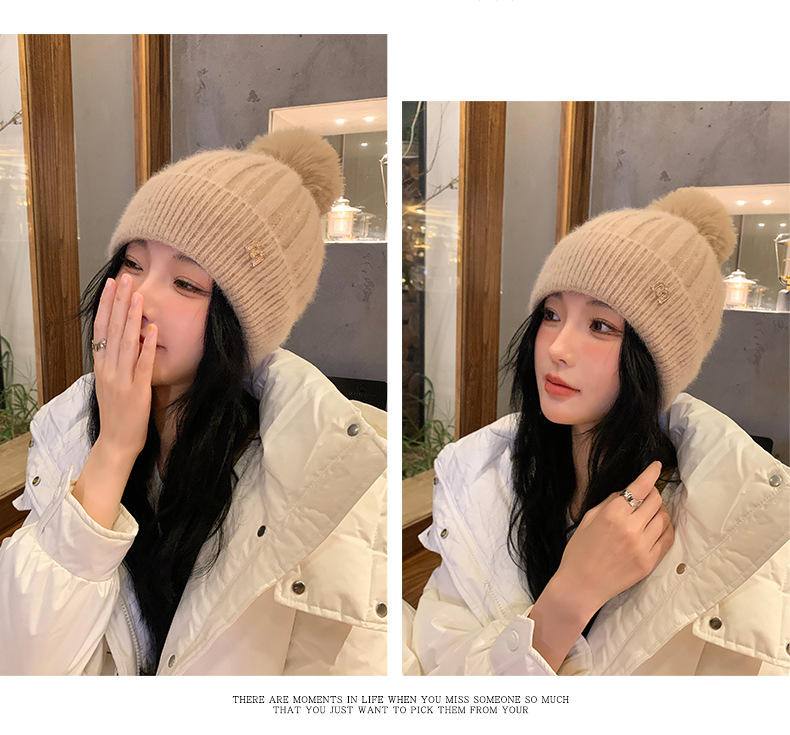 新款秋冬季针织毛球显脸小套头帽户外加绒保暖女甜美护耳毛线帽子详情13