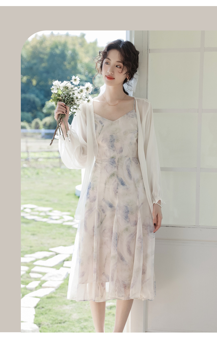 一件代发2024夏季新款水墨印花吊带连衣裙新款仙女裙修身雪纺裙详情1