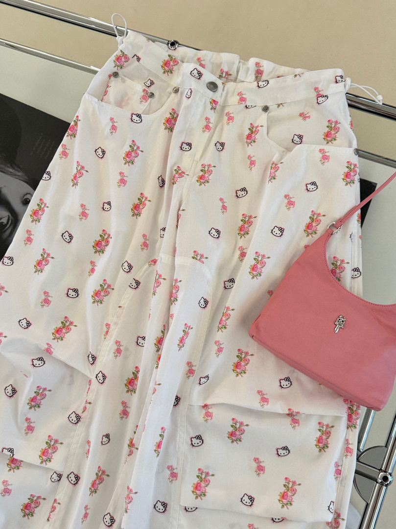 2024夏季新款小众设计卡通可爱KT猫咪印花宽松阔腿伞裤休闲直筒裤详情7