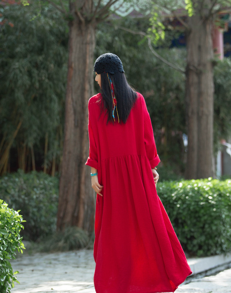 Spring and summer V-neck textured natural linen loose robe, double-layer large hem elegant long dress, retro fairy dress pic 16