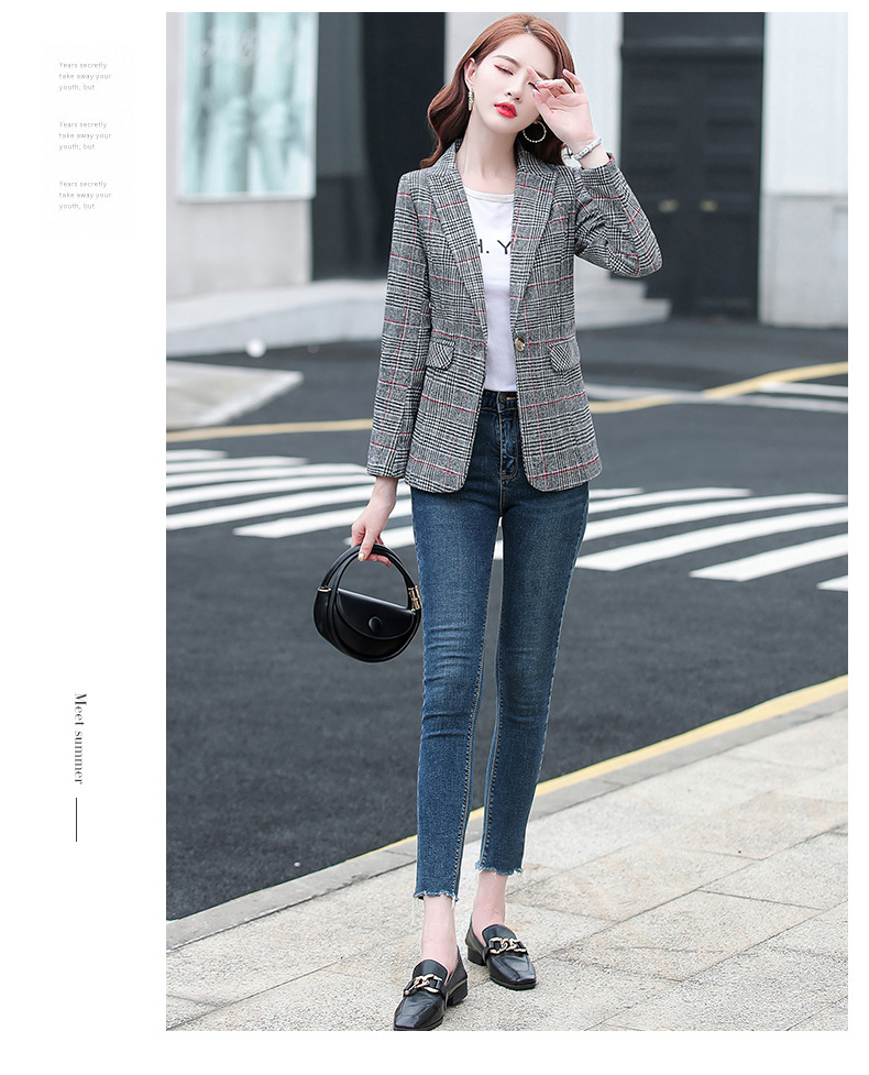 实拍 小西装外套女2022年秋装新款韩版短款时尚休闲女士格子西服详情18