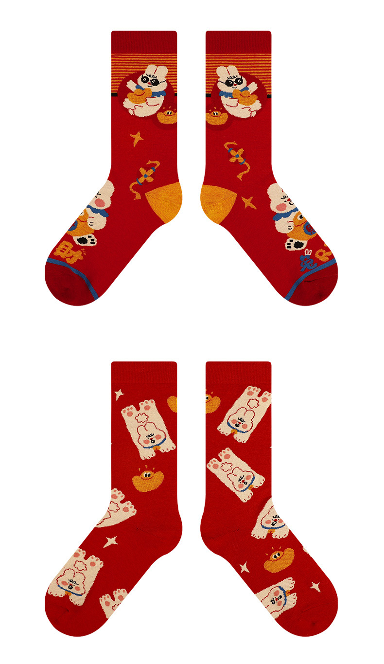 原创吉兔送福红袜子兔年新年礼物本命年棉卡通秋冬男士女袜中筒袜详情17