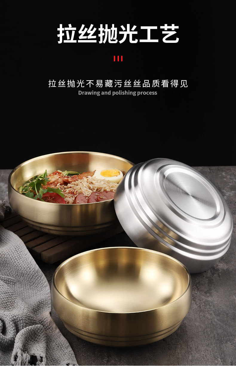 Wholesale Korean ramen stainless steel instant noodle bowl, large golden double-layer Korean cold noodle mixed rice bowl, noodle soup bowl pic 5
