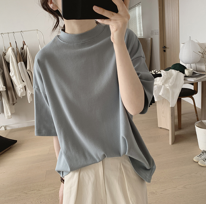 琪镌绘制半高领t恤女式春夏季新款宽松显瘦韩版简约半袖减龄棉质详情18