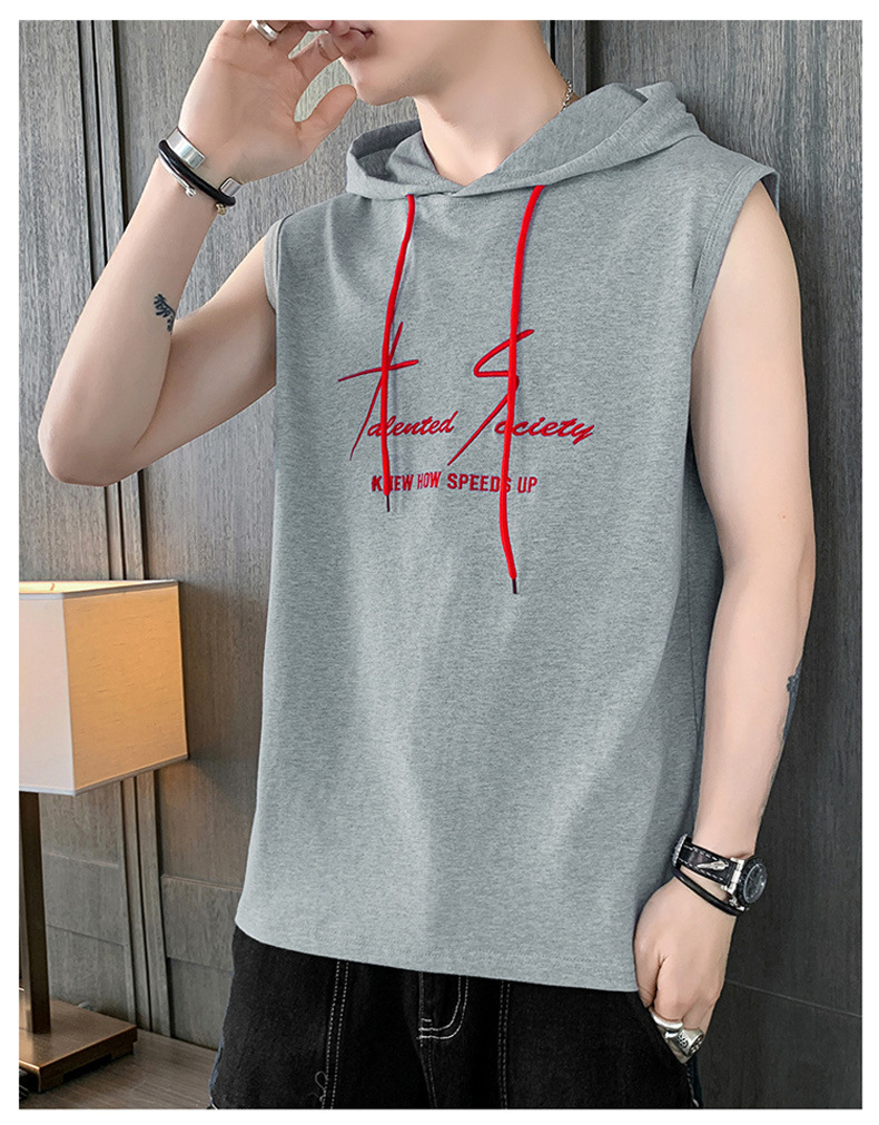 【一件代发】2023夏季新款男士连帽无袖背心韩版纯棉经典百搭坎肩详情38