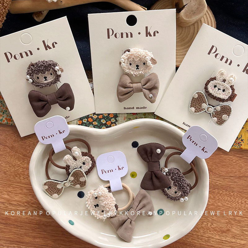 新款韩式宝宝布艺发夹卡通可爱兔兔发圈小羊珍珠初秋高弹力发圈详情6