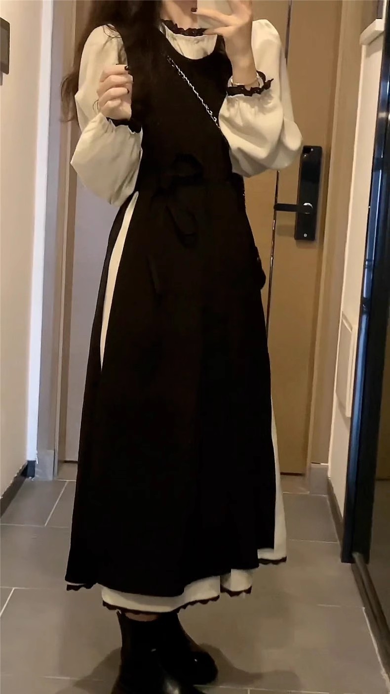 法式温柔气质黑色长袖连衣裙子女春季2024新款高级感拼接显瘦长裙详情8