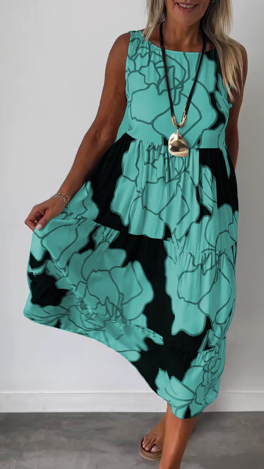 2024欧美跨境夏季新品女装 独立站速卖通时尚印花无袖系带连衣裙详情5