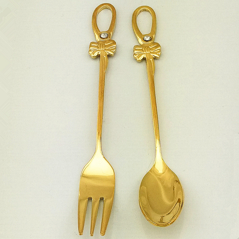 Fashionable bow coffee spoon and fork set, diamond-encrusted stainless steel mirror-polished gold dessert spoon, 3-finger fork, 80 pic 35