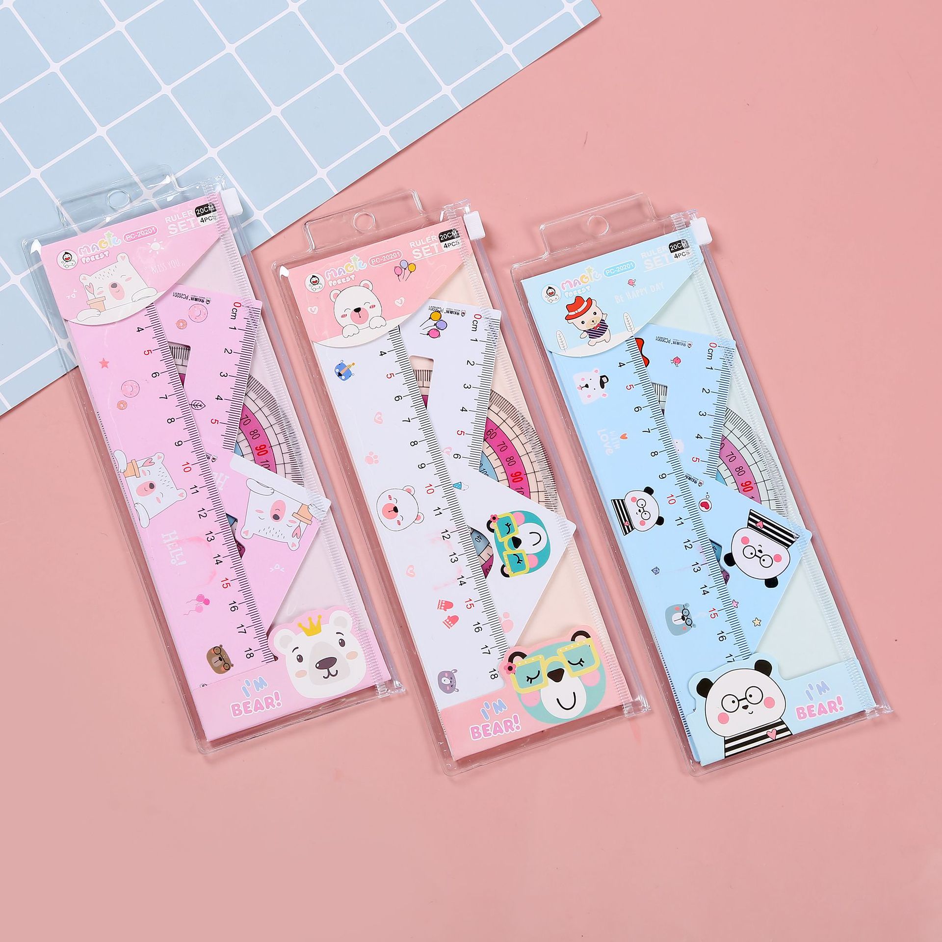 2021 New style cartoon student ruler set 20cm straight ruler, set square, protractor, color-printed ruler pic 9