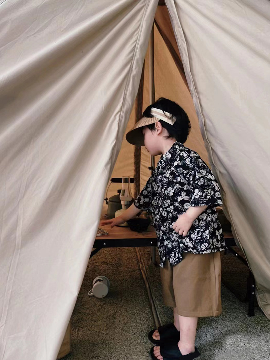 儿童夏装套装男童夏季新款童装女宝复古港风碎花短袖衬衫两件套潮详情7