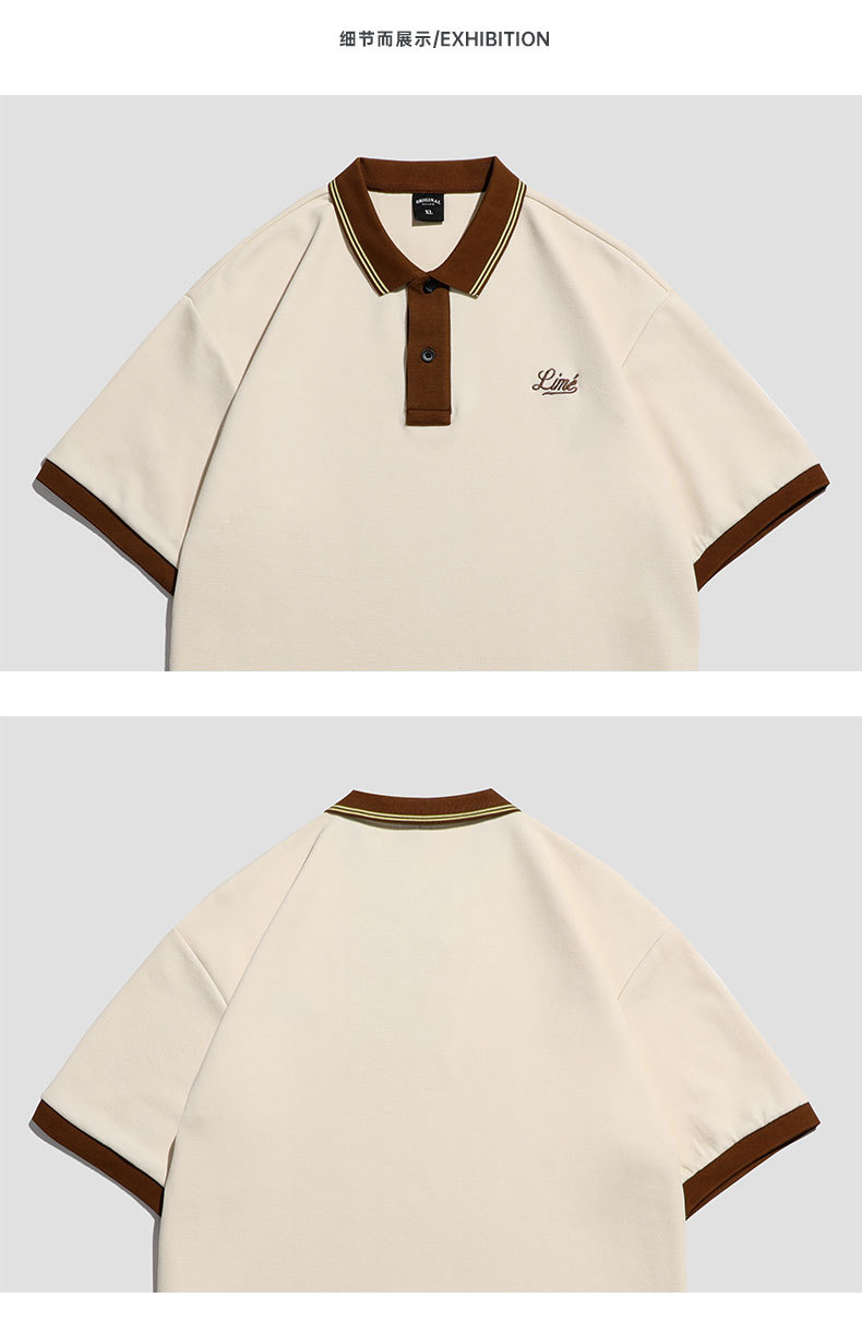 男装|夏季米色拼色翻领短袖男士珠地棉美式保罗半袖体恤打底详情9
