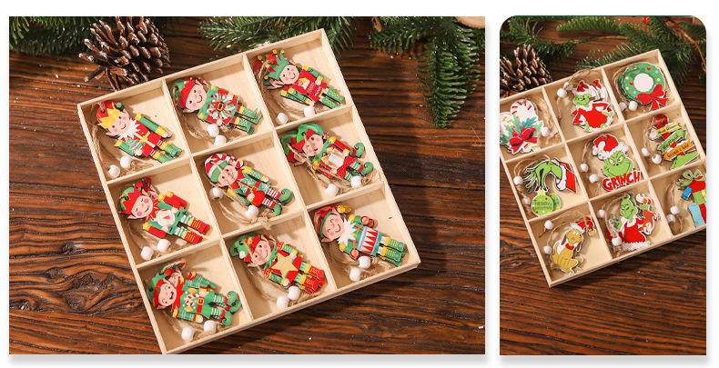 Cross-border new Christmas 18pcs wooden nine-grid pendant, Elf Grimm Gingerbread Man figurine Mahjong decoration, unique and creative wooden pendant pic 10