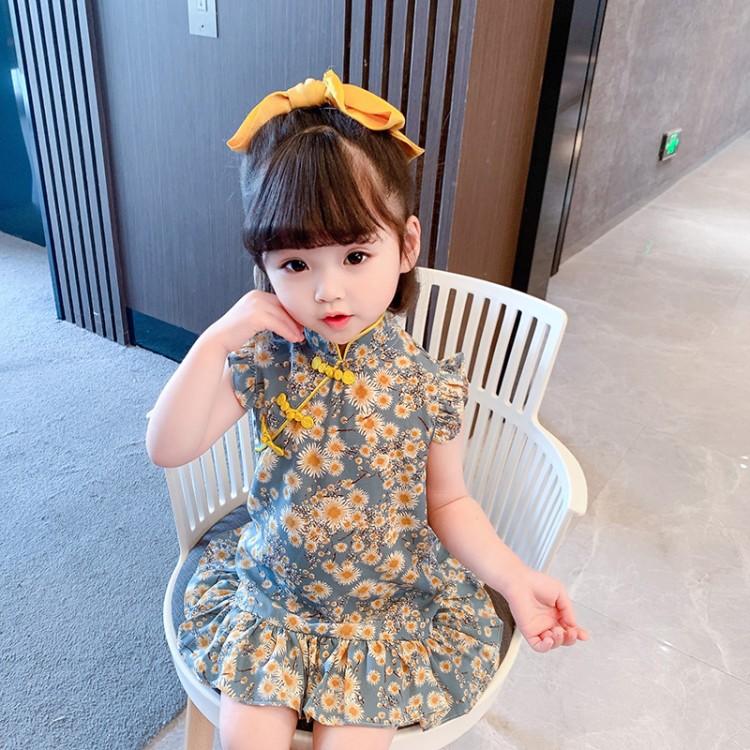 女宝宝改良旗袍连衣裙夏装儿童中国风短袖公主裙小童碎花裙子详情2
