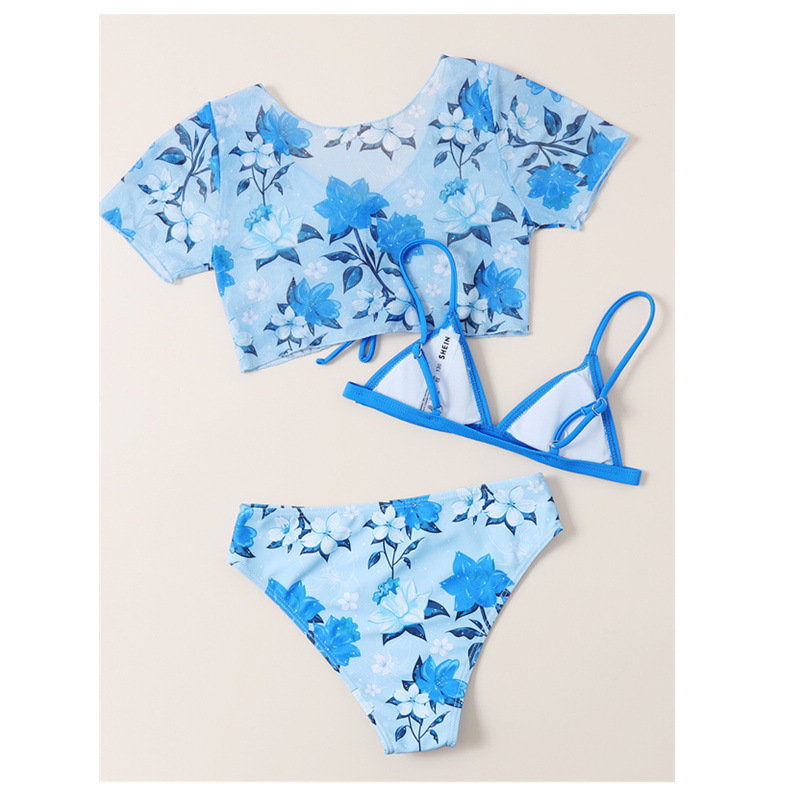 The three-piece floral swimsuit for children at Foreign Trade University in 2022 is a best-selling swimsuit pic 2