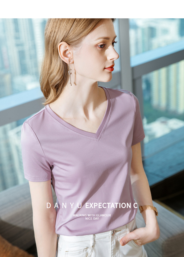 冰感丝光棉短袖t恤女2024新款女装气质v领纯棉体恤纯色高级感上衣详情3