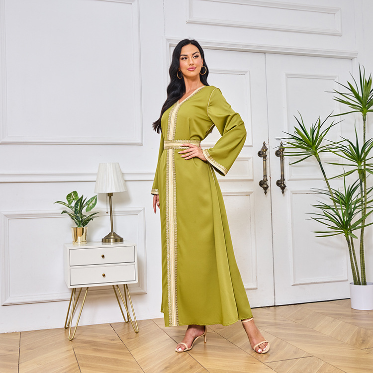 MT098中东外贸迪拜穆斯林长袍女装 刺绣金色珠片花边连衣裙 abaya详情20