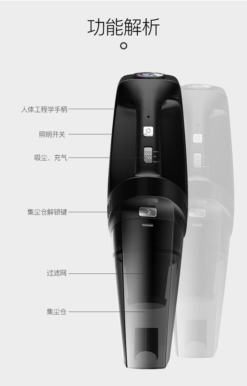 120W大功率四合一车载吸尘器 充气泵测胎压 便携式车用无线吸尘器详情31
