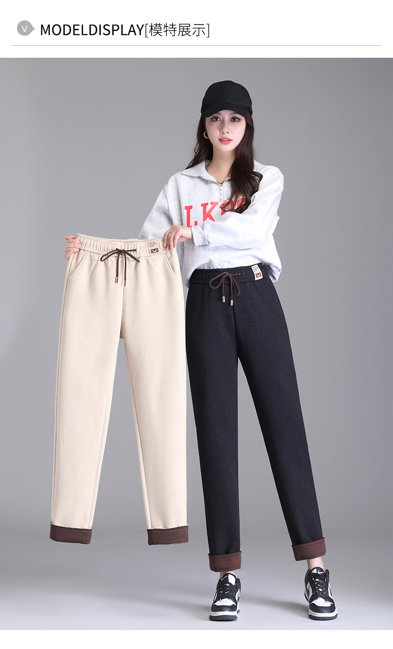 毛呢哈伦裤女秋冬2022高腰宽松显瘦系带加厚九分萝卜休闲小脚裤详情14