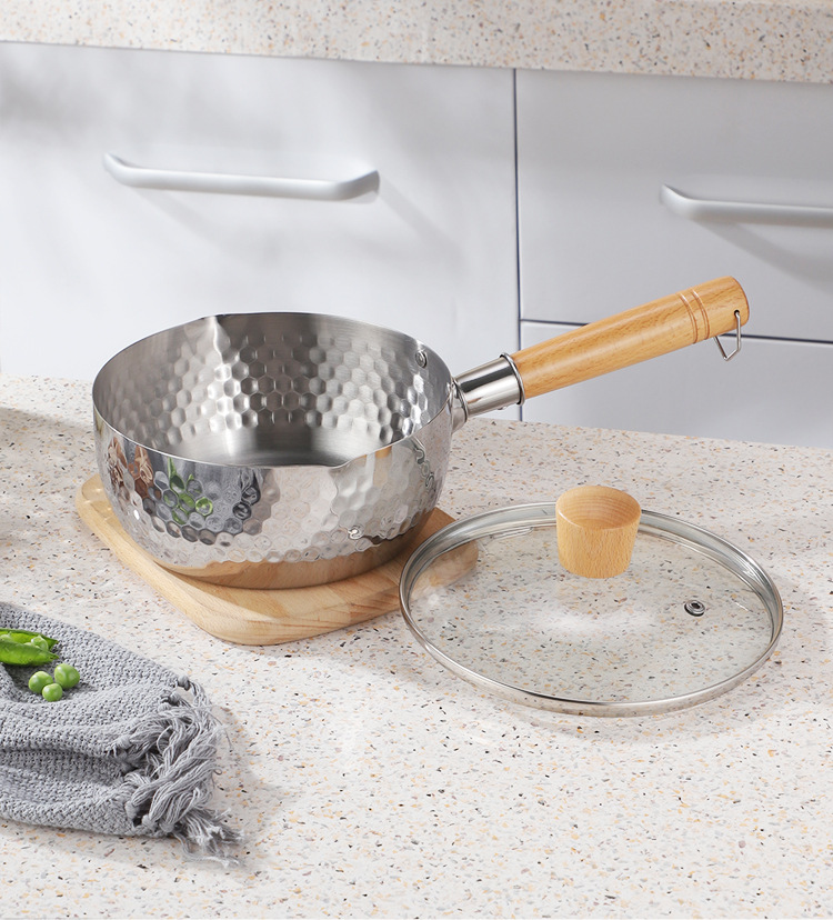 304 stainless steel snow flat pot, uncoated milk pot, baby food pot, deep fryer, thickened instant noodle pot, Japanese wooden handle soup pot, milk pot, Japanese non-stick pot, Japanese hammer-textured pot, anti-overflow pot, small steamer pic 16