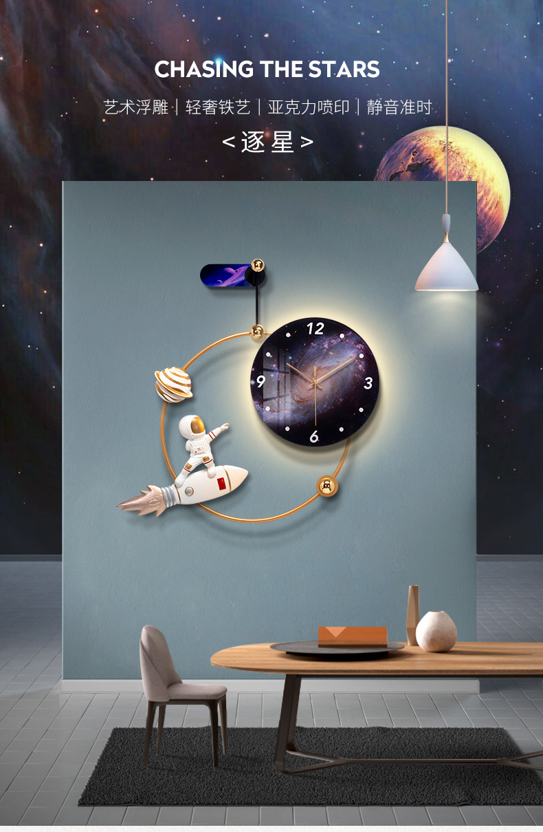 Fuciao decoración del hogar astronauta reloj de pared creativo sala de estar casa reloj de pared tv fondo decoración de pared reloj hombre espacial pic 3