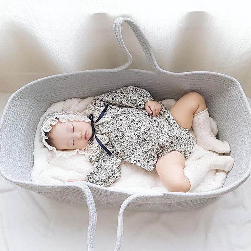 ins Nordic-style baby hand-held basket, portable pure cotton woven baby sleeping basket, foldable hand-held crib pic 20