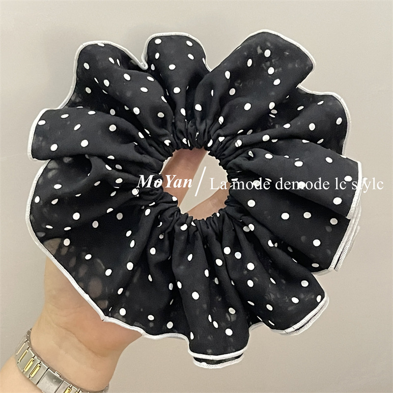 Double-layer white large polka dot large intestine hair band, elegant retro edge hair tie, French simple and elegant hair flower hair tie pic 4