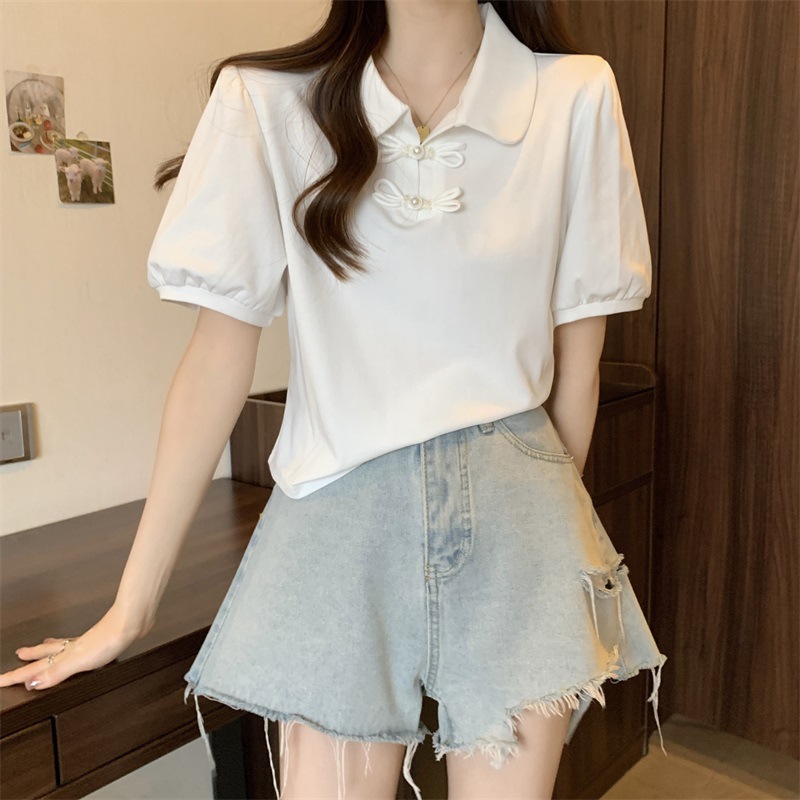 正肩Polo领短袖T恤女夏季大码胖mm显瘦新中式国风上衣泡泡袖小衫详情7