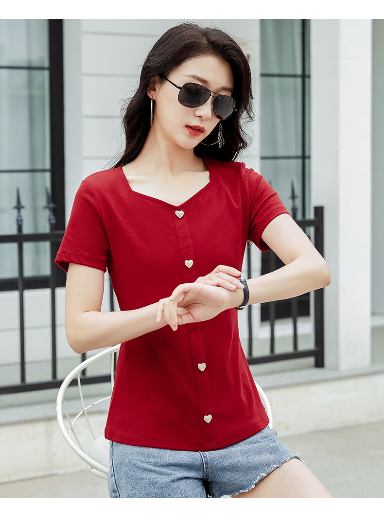 法式方领显锁骨弹力棉爱心纽扣小香风时尚短袖女T恤2023夏新款170详情20