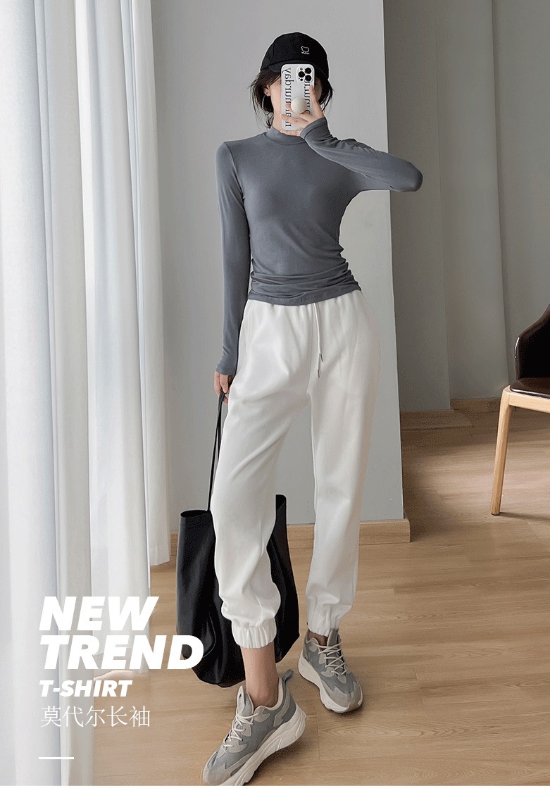 2022秋冬新款莫代尔修身小高领长袖T恤女韩版百搭简约纯色打底衫详情2