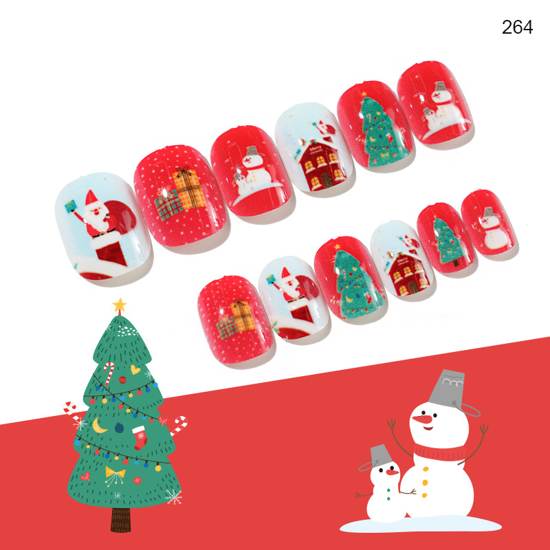 Finished nail sheets for children, 24 pieces of nail patches, cartoon Christmas fake nails, detachable nail stickers with adhesive backing pic 46