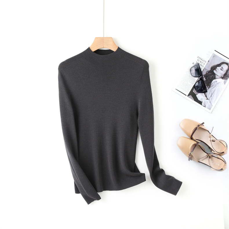 Fine-spun, machine-washable wool 100 knitted sweater design, semi-high collar, slimming, solid color autumn new wool sweater top pic 21