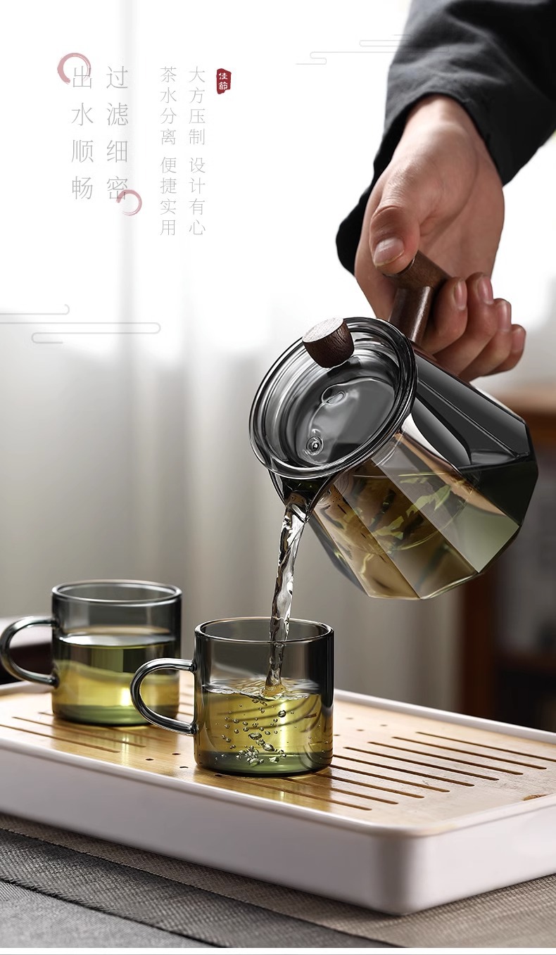 日式玻璃茶壶 耐热茶水分离过滤泡茶壶 功夫茶具木把茶壶详情5