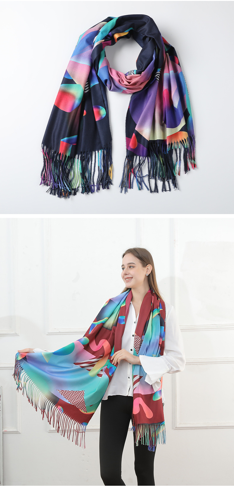 Digital printed scarves, double-sided faux cashmere scarves, custom oil painting floral style scarves, cross-border shawls wholesale pic 5