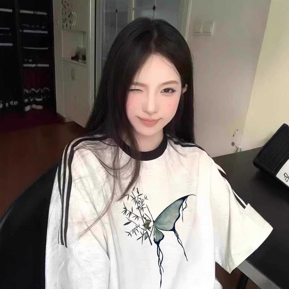 纯棉短袖t恤女2025新款爆款夏季设计感小众条纹美式宽松半袖上衣详情6