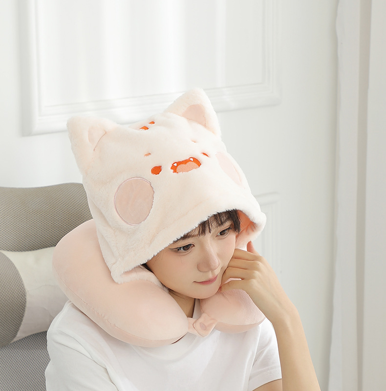 New cartoon hooded U-shaped pillow, plush hooded neck pillow, travel portable neck pillow, soft office nap pillow pic 14