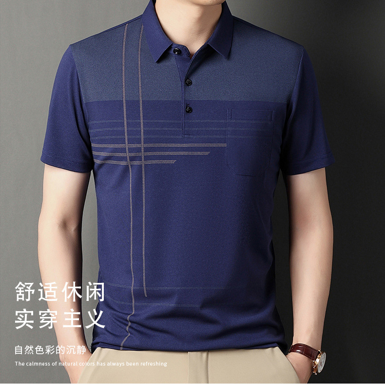 爸爸装夏季翻领冰丝短袖t恤男真口袋薄款条纹中老年男士polo衫详情23