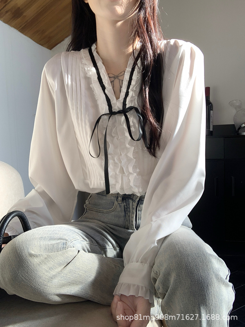 法式千金早春压褶小众气质名媛甜美系带蝴蝶结衬衫女长袖白衬衣女详情4