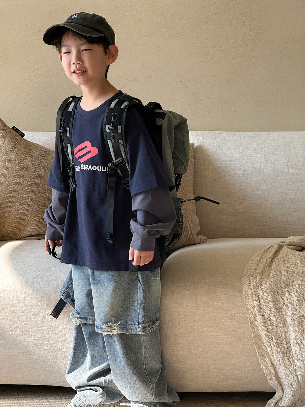 儿童童装2025春秋新款男童假两件上衣百搭韩版T恤洋气卫衣春装潮t详情2
