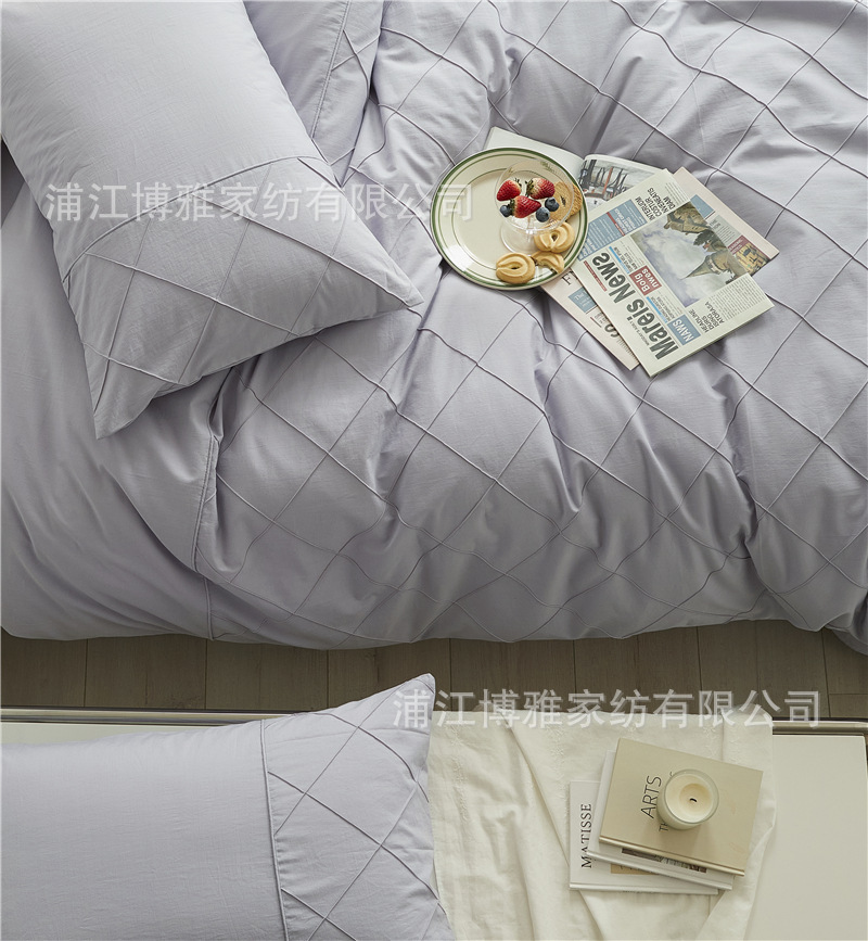 Wholesale of high-quality three or four-piece sets of washed cotton 40-count hand-knitted rhombus-shaped checkered plain pure cotton bedding pic 24